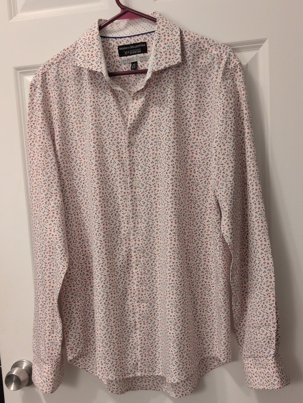 Report Collection White Button-Down Shirt with Red Floral Microprint